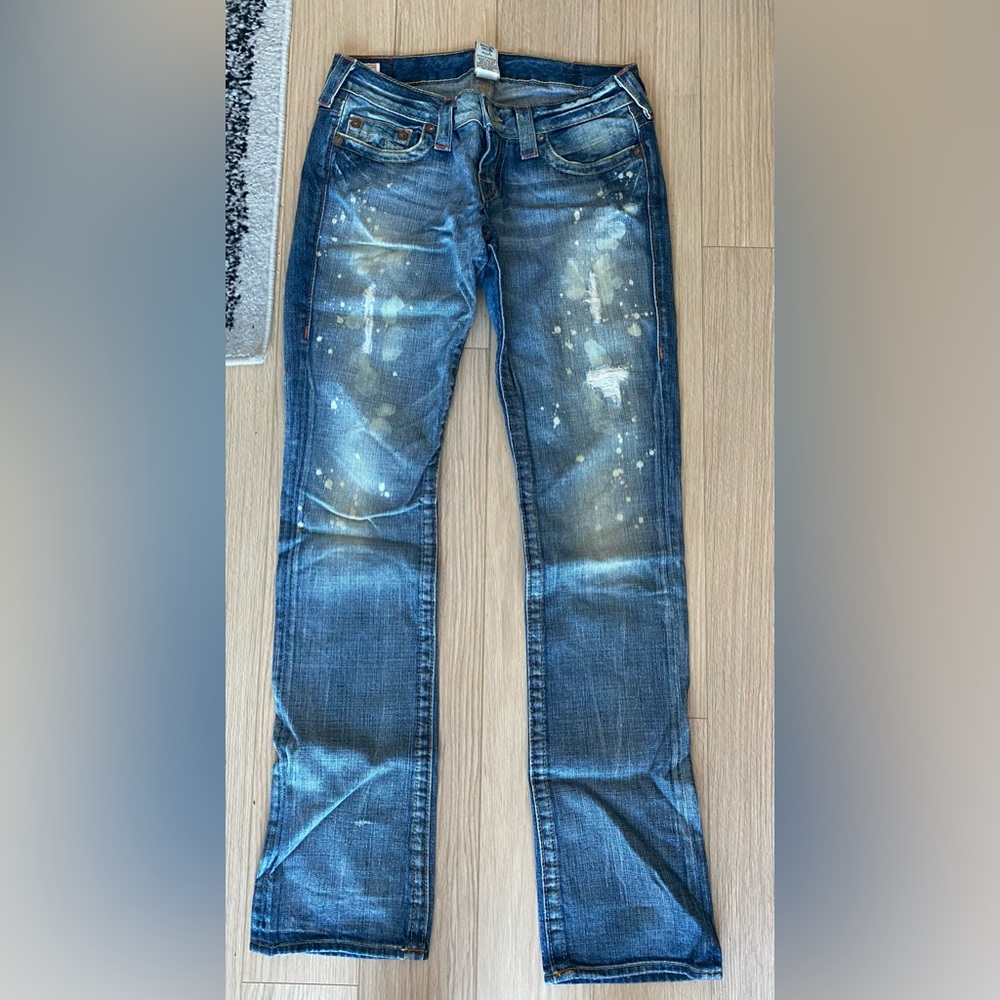 True Religion Distressed & Paint Splatter Blue Jeans